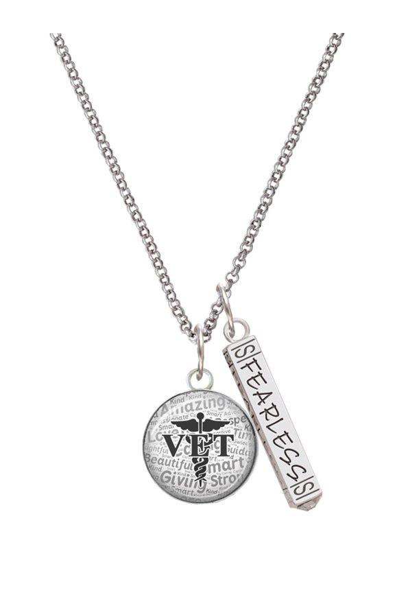 Silvertone Domed Black VET Silvertone Fearless Bar Charm Necklace, 23"