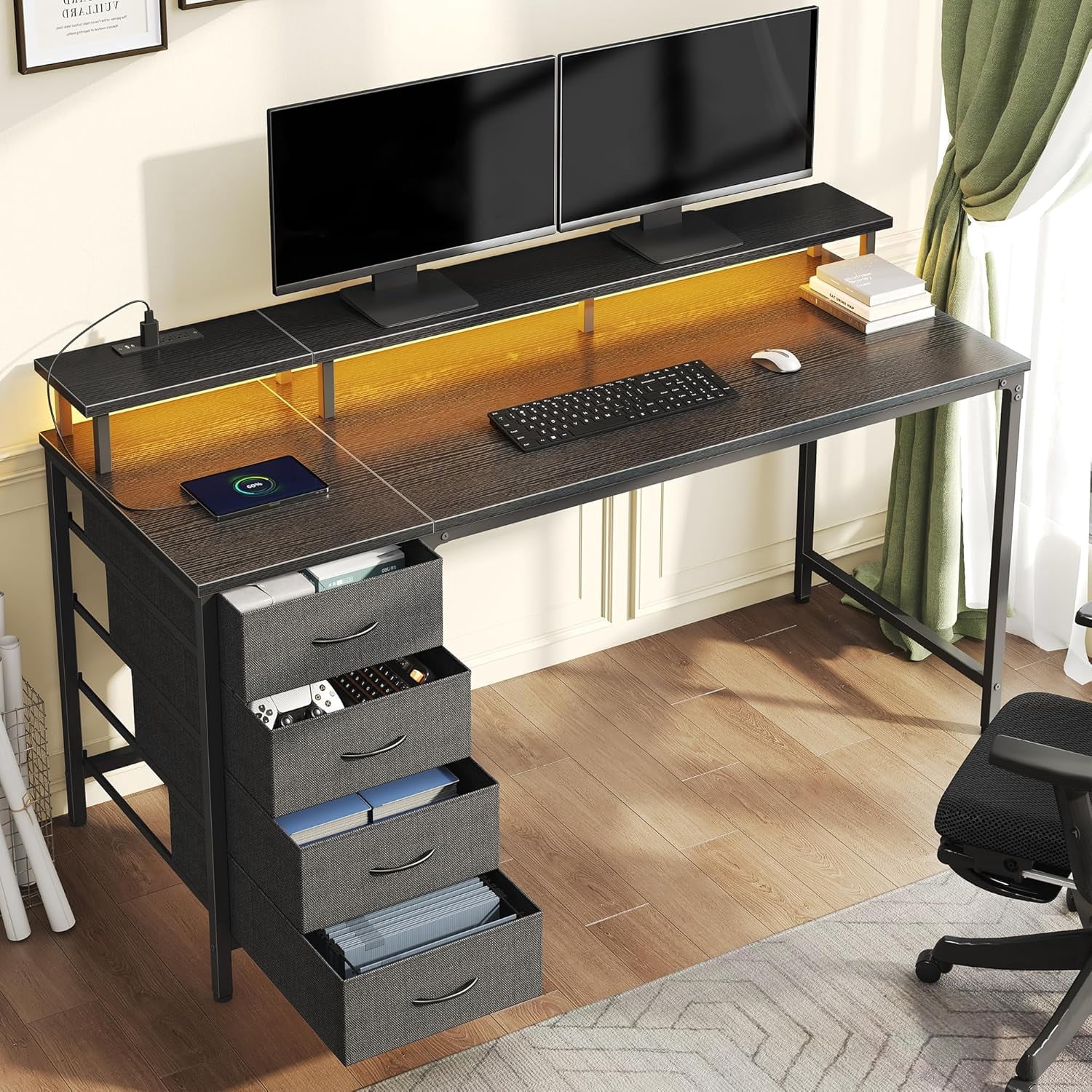 CONCETTA 40 Inch Computer Gaming Desk with 4 Drawers, Power Outlets and LED Lights for Home Small Spaces, Black