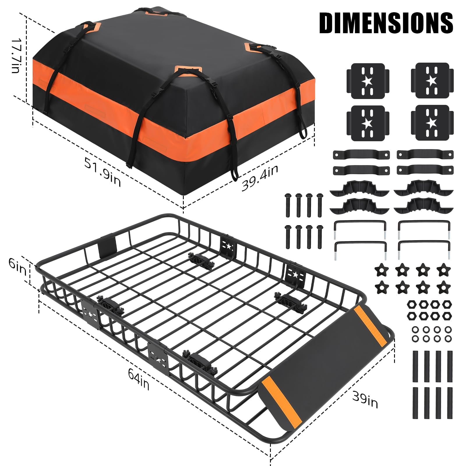 M optimized 64"x 39" x 6" Roof Rack, Rooftop Cargo Carrier Basket with 21 Cubic Feet Waterproof Bag, 200 Lbs Capacity, Rack Extension, Black