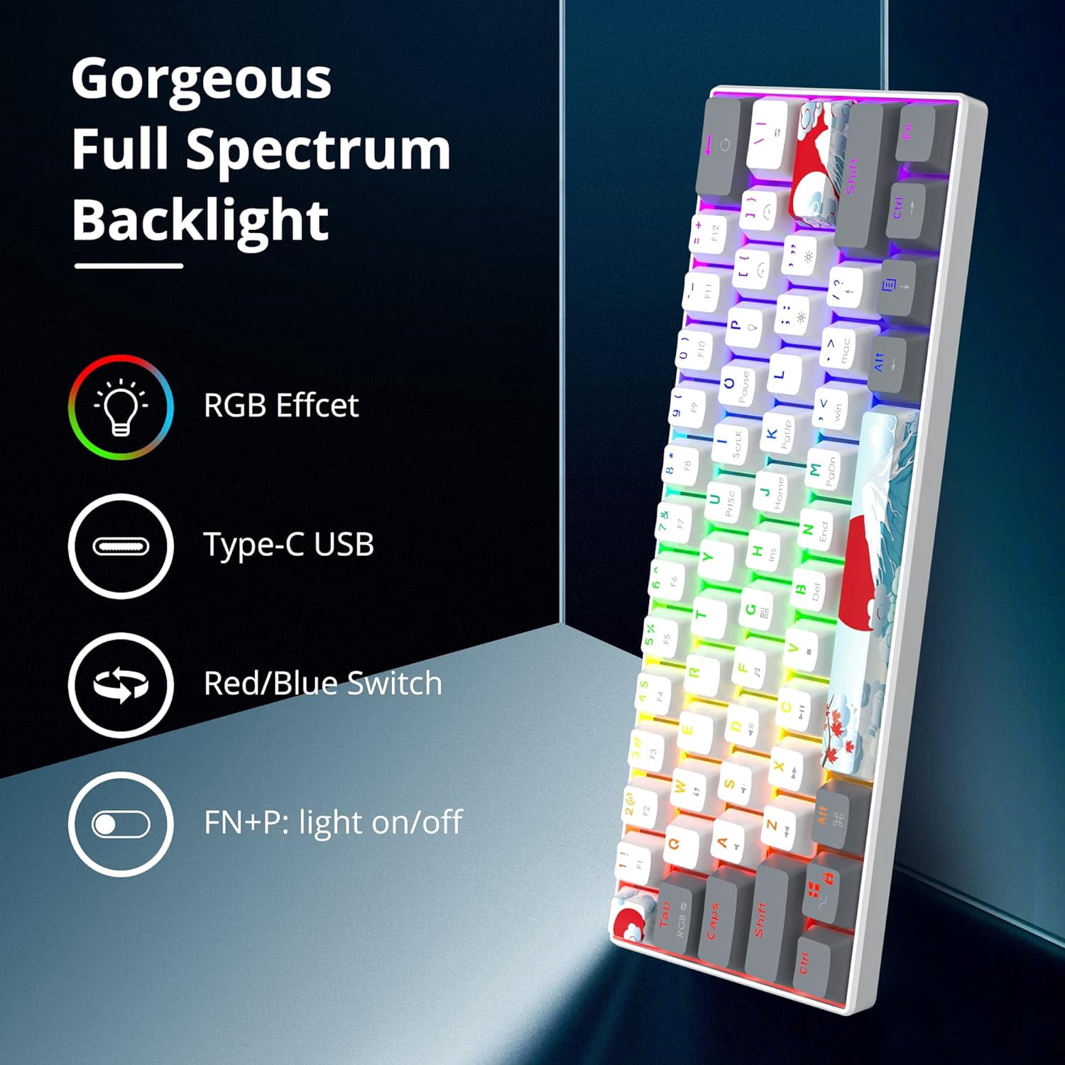 60% Mechanical Keyboard 61-Key Wired Gaming Keyboard with Red RGB Lighting Effect PBT Keycaps Ultra-Compact Mini Keyboard Suitable for Win/(61 White)