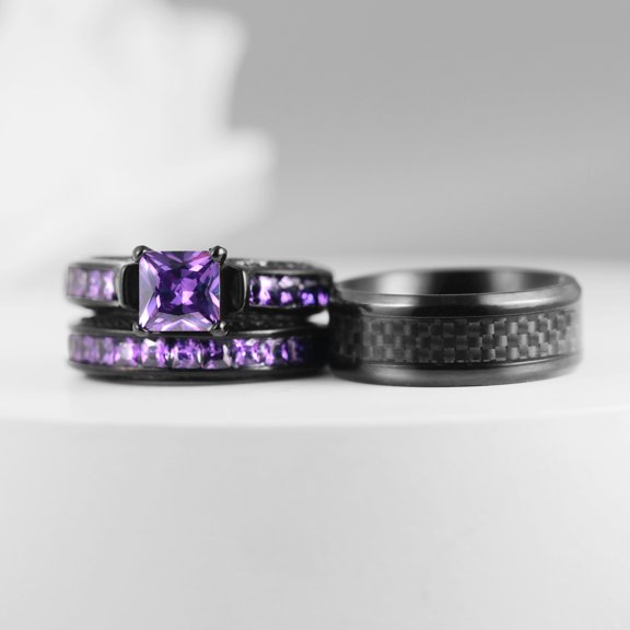 Two Rings Couple Ring Bridal Set His Hers Black Gold Plated Amethyst Titanium Steel 10k Wedding Ring Band Set