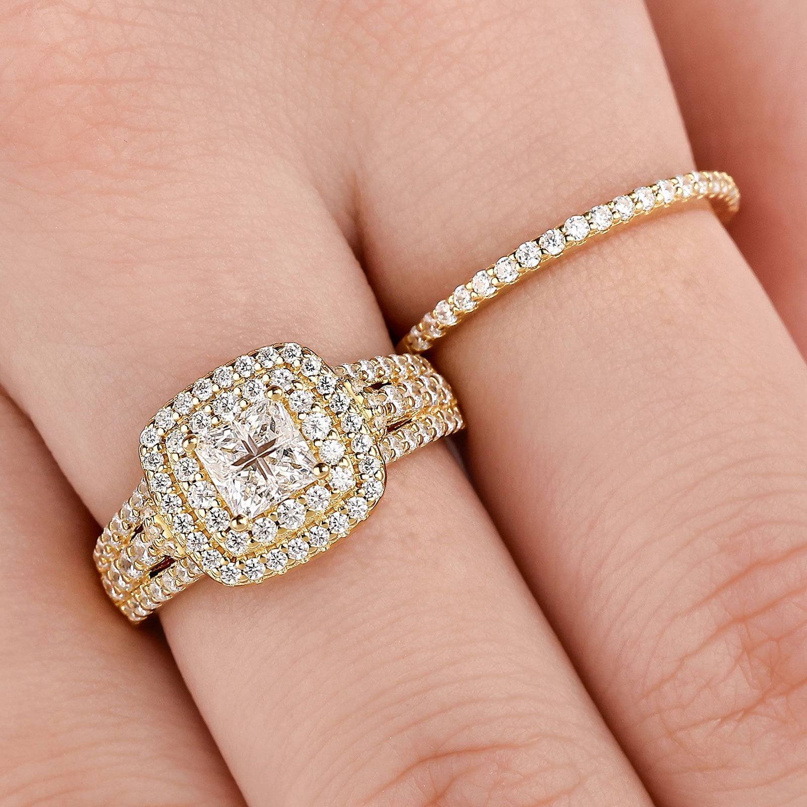 Newshe Jewellery Wedding Rings for Women Princess Engagement Ring Sets 925 Sterling Silver 1.7Ct Cross Yellow Gold Cz Size 8