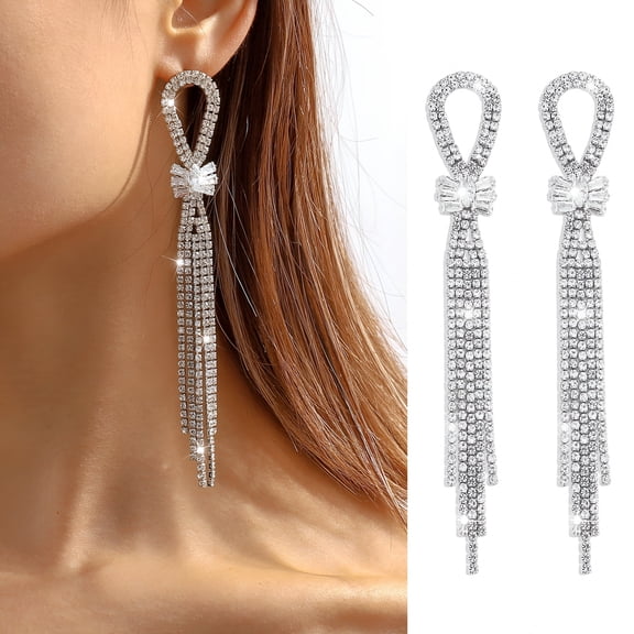 DESIGNICE 1 Pair Dangle Earrings Temperament Ornamental Shiny Exaggerated Personality Dress Up Accessory Rhinestone Long Tassel Earrings Fashion Jewelry, Silver