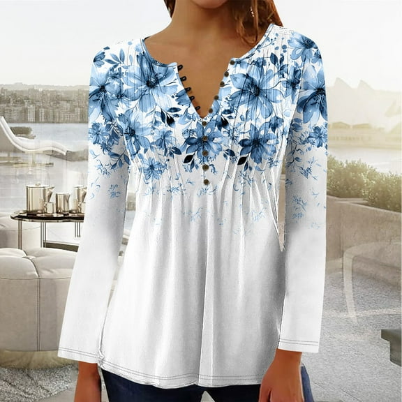 YOTAMI Floral Print Tops for Women Long Sleeve Plus Size Blouse for Fall Winter Ruffled Button V-Neck Comfortable Shirts Multicolor L