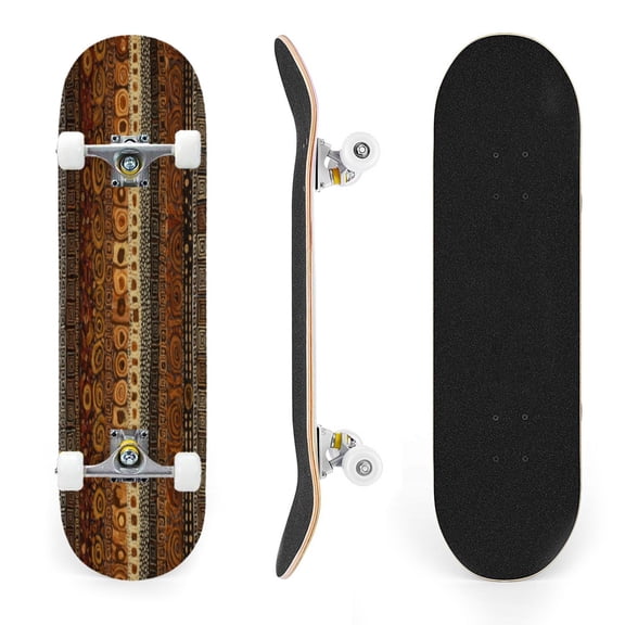 31"x8" Abstract Tribal Earth Tone Stripes Geometric Complete Skateboards for Beginners, Double Kick 7 Ply Maple Deck Skateboard with Wheels, Gifts for Kids Teens