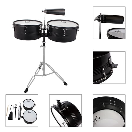 Percussion 13" & 14" Timbales Drum Set with Stand and Cowbell Black