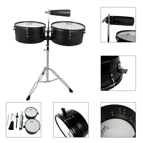 Percussion 13" & 14" Timbales Drum Set with Stand and Cowbell Black