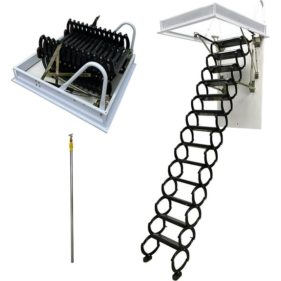 PreAsion 10.5ft Attic Pull Down Ceiling Ladder Stairs Hidden Type Attic Access Ladder Steps Opening Size 27.56"*47.24" 13 Steps Black