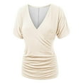 thumbnail image 5 of JGGSPWM Women's Summer Wrap V-Neck Short Sleeve Ruched Tunic Blouse Dressy Casual Top Khaki M, 5 of 6