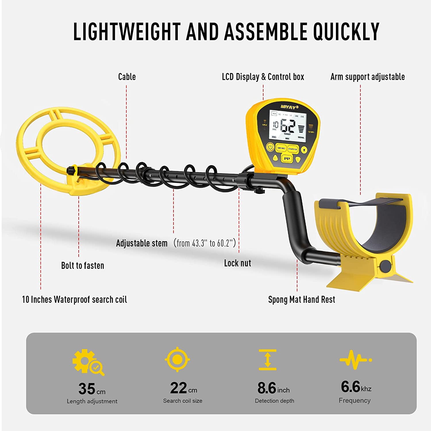 MIYAY Professional Metal Detector for Adults Waterproof, Gold Metales  Detectors Lightweight with LCD Display, Pinpoint & Disc & Notch & All Metal  5