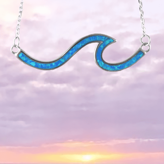 Unique Hawaiian Blue Opal Ocean Wave Necklace, Sterling Silver Blue Opal Wave Necklace, N8390 Birthday Mom Valentine Gift, Island Jewelry