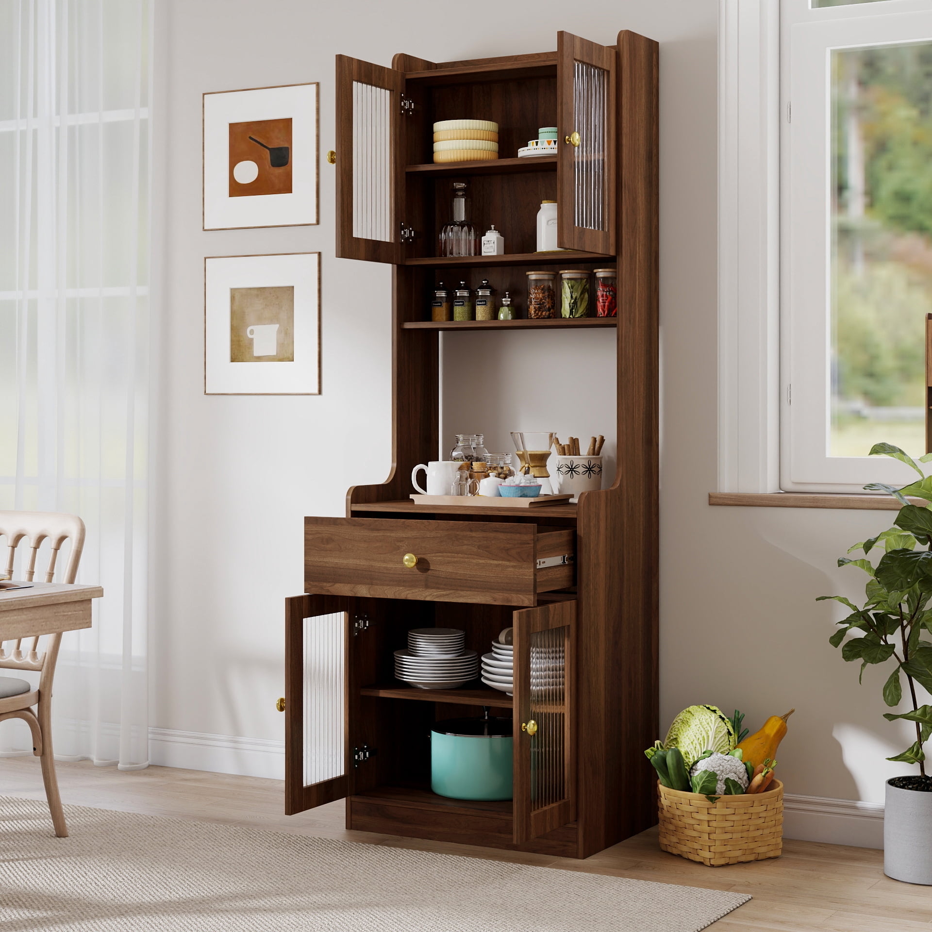 Mintazer 70.8" Tall Kitchen Pantry Cabinet with Drawer, Freestanding Buffet Hutch with Glass Doors & Microwave Stand for Kitchen Dining Room, Brown