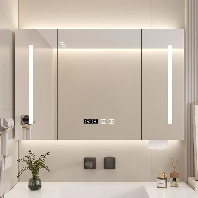 Armario con espejo de baño inteligente de madera maciza, espejo de baño montado en la pared, estante para espejo de baño, armario de almacenamiento