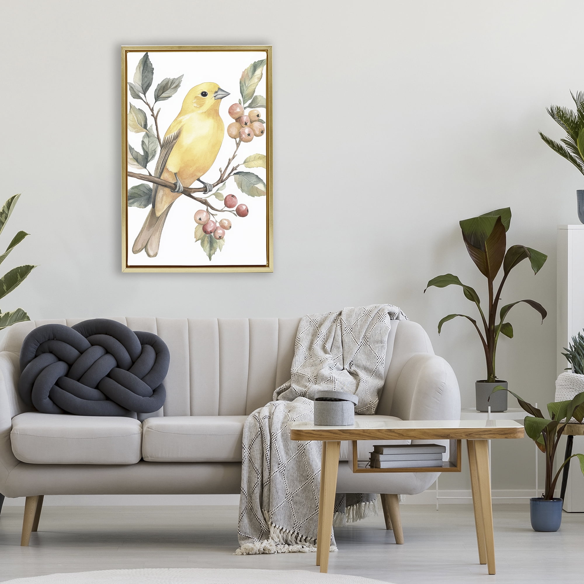 Stupell Industries Sun Lit Bird on Branch Gold Framed Floater Canvas Wall Art, design by Petal Prints Design