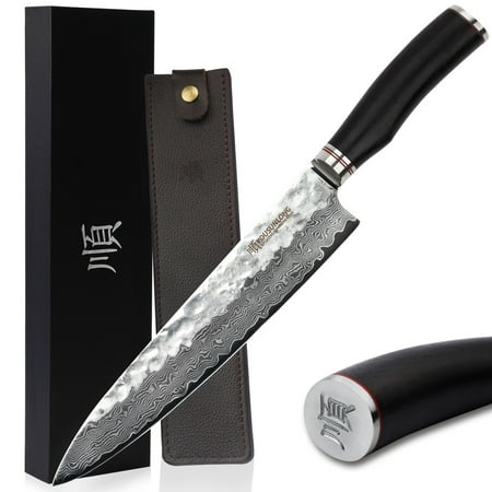 

YOUSUNLONG Chef s Knives - 10 inch Chef pro - Japanese Hammered Damascus - Natural Leadwood Handle with Leather Sheath
