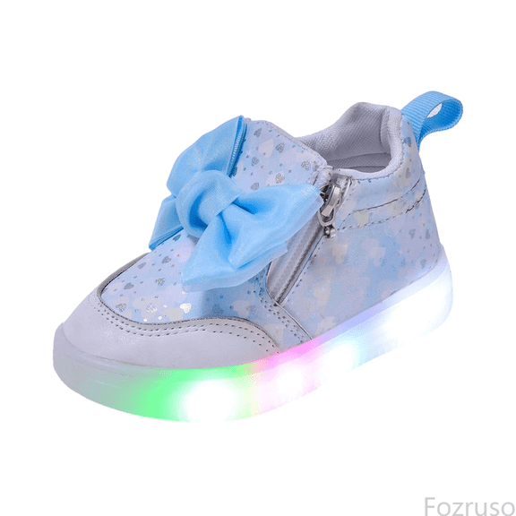 Fozruso Girls Glitter Bow Light Up Comfort Sneakers For Kids – Soft Sole Athletic Shoes With Strap And Easy Fit For Girls(12M 6Y),Sizes 6(12-18 Months)