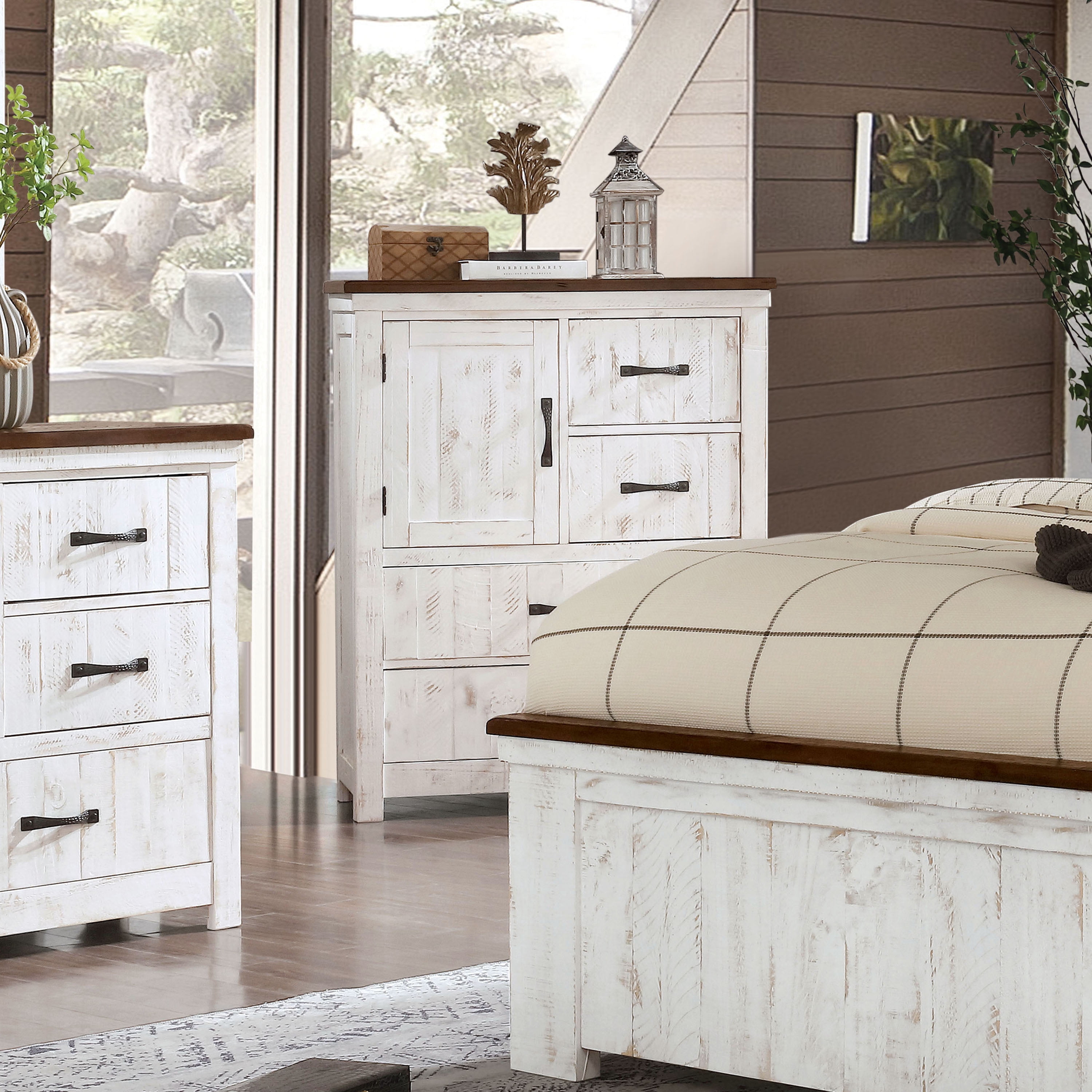 Furniture of America Glenmoor 4-Drawer Chest, Distressed White and Walnut