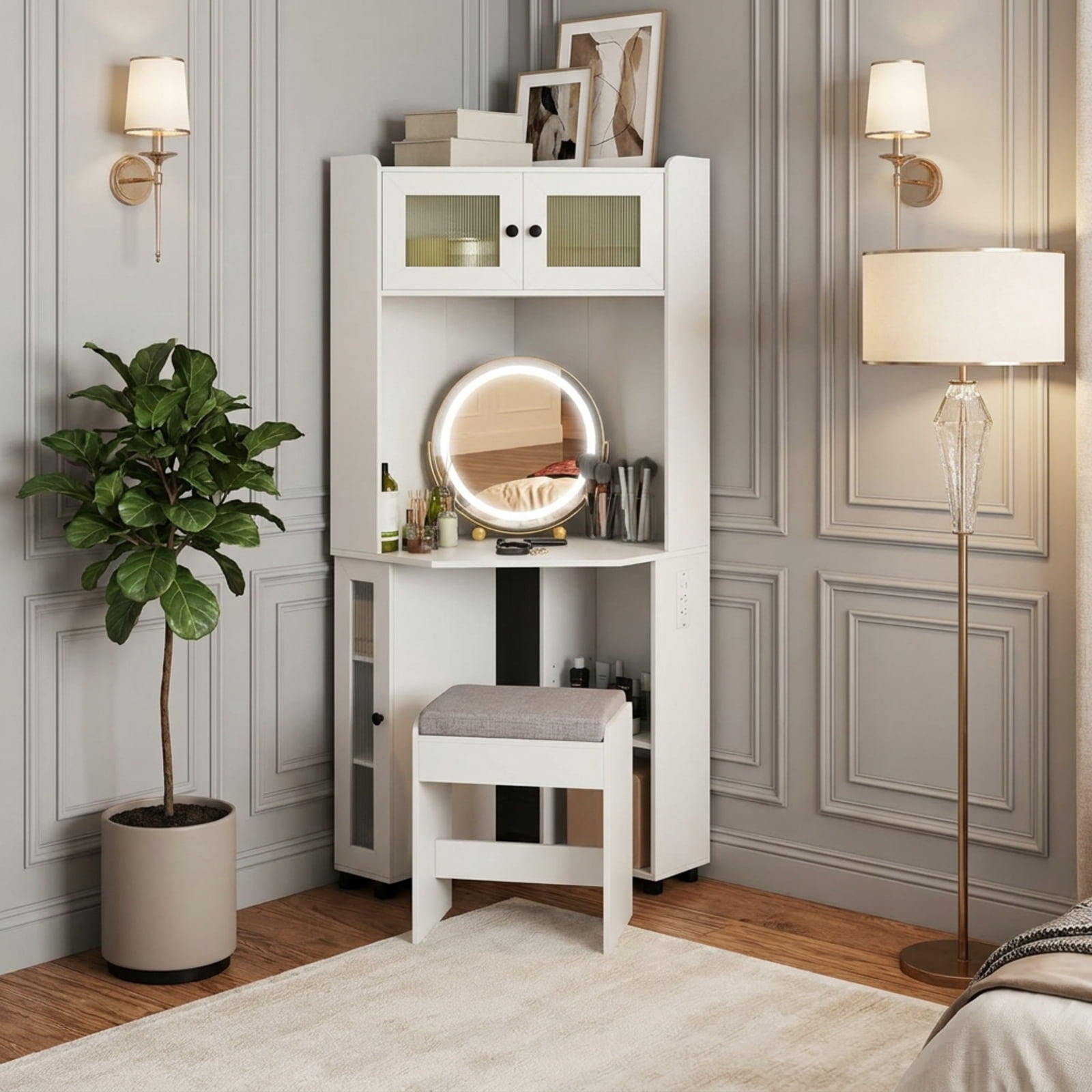 Furnibear Compact Corner Vanity Desk with 360 Rotating Lighted Mirror Cabinets and Stool for Small Bedroom Makeup Room, White