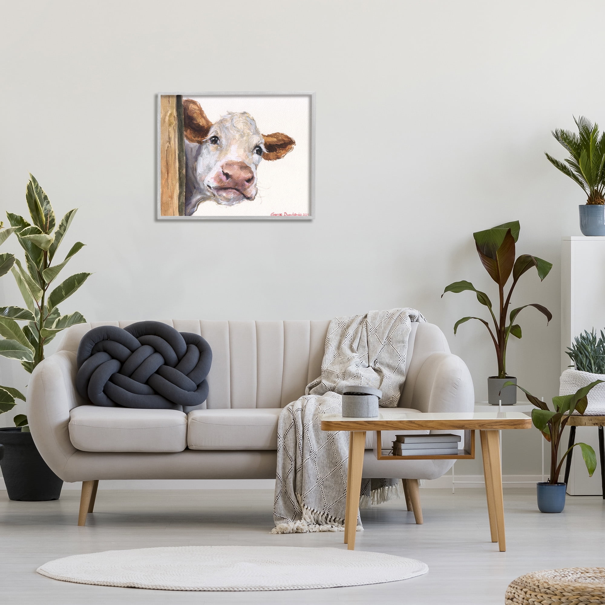 Stupell Industries Peeking Cattle & Fence Animals & Insects Painting Gray Framed Art Print Wall Art, 30 x 24