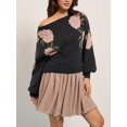 thumbnail image 6 of Women's Crew Neck Floral Jacquard Cropped Knit Pullover Black S, 6 of 9