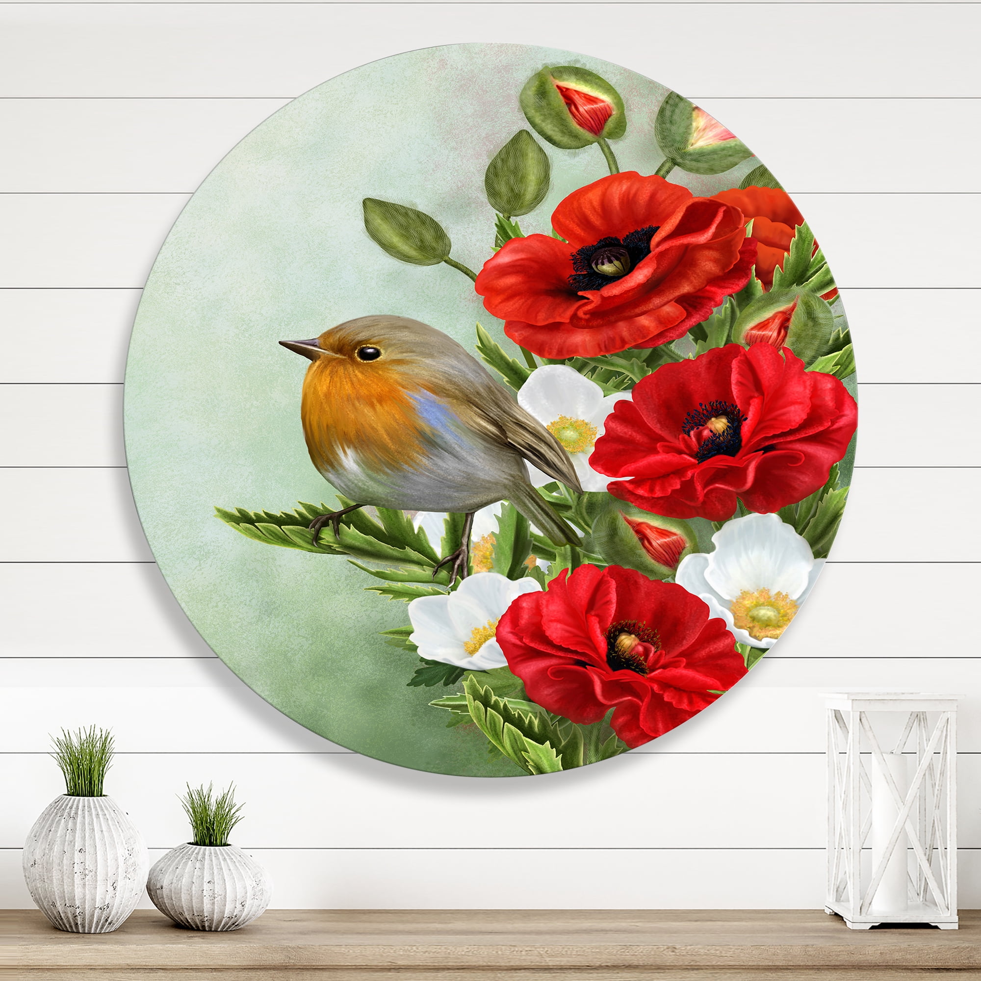 Designart 'Red Poppies and White Anemones With Yellow Bird' Traditional Circle Metal Wall Art 23x23 - Disc of 23
