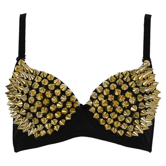 Yokua Women Metallic Spiked Studded Rivet Bra Punk Push Up Tops Party Underwear