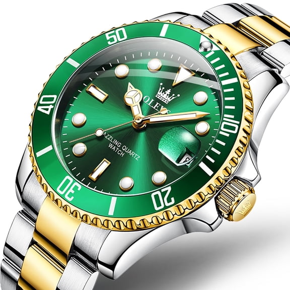 DESIGNICE Watches for Men Luxury Classic Dress Analog Quartz Fashion Two Tone Gold Plated Stainless Steel Date Waterproof Luminous Mens Wrist Watches Reloj Hombre Green/Black/Blue
