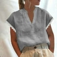 thumbnail image 2 of GigrtiJin Womens V-Neck Lace Patchwork Tops Solid Color Linen Short Sleeved Blouse Summer Cotton Comfy Shirt, 2 of 8