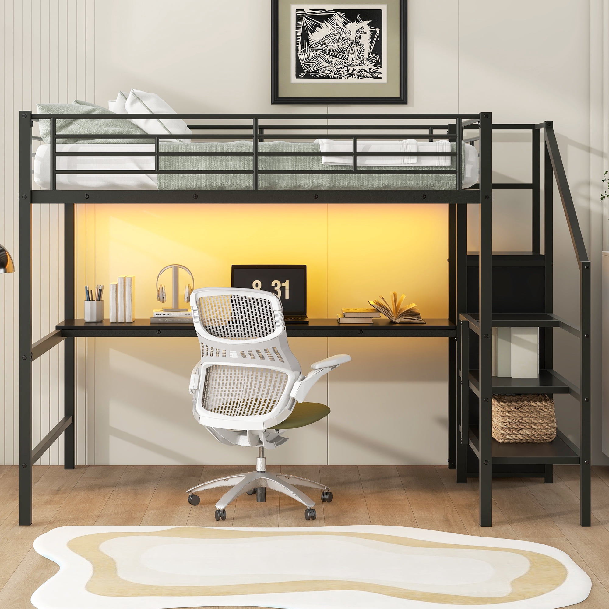 Euroco Metal Full Size Loft Bed with Desk and LED Light, Storage Staircase and Open Wardrobe, Black