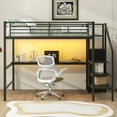thumbnail image 5 of EUROCO Modern Metal Full Size Loft Bed with Wardrobe, Shelf and Desk with LED Light, Storage Staircase for Kids Teens, Black, 5 of 14
