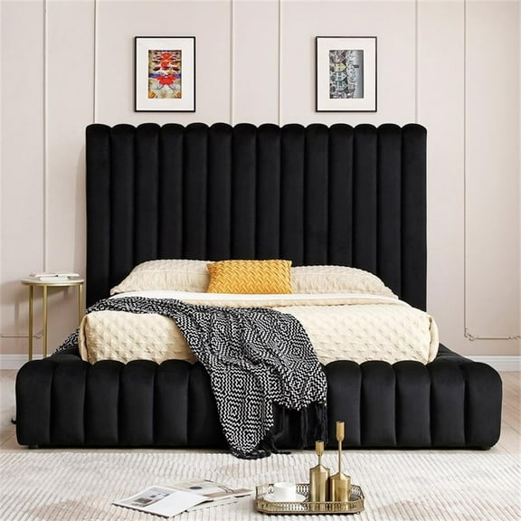 Pemberly Row Modern Velvet Upholstered Queen Platform Bed in Black