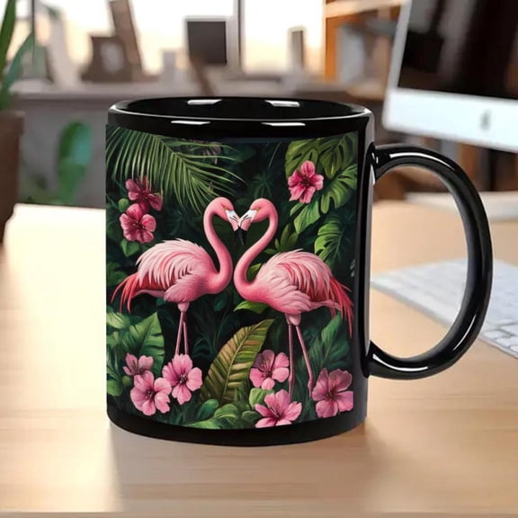 1pc Tropical Flamingo Mug Elegant Black Cup with Pink Flamingos Floral Print Design Heavy Duty Ceramic Coffee Cup Hot Cold Drinks Birthday Anniversary Christmas Gifts Ideal Home Office or Kitchen Use