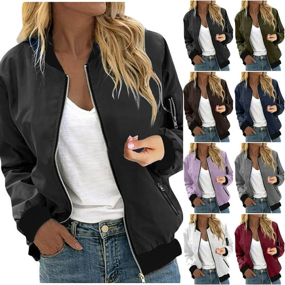 Otntypg Plus Size Women's Bomber Jacket Casual Full Zip Up Long Sleeve Outerwear Coat Loose Oversized Fashion Windbreaker with Pockets White XXXXXL