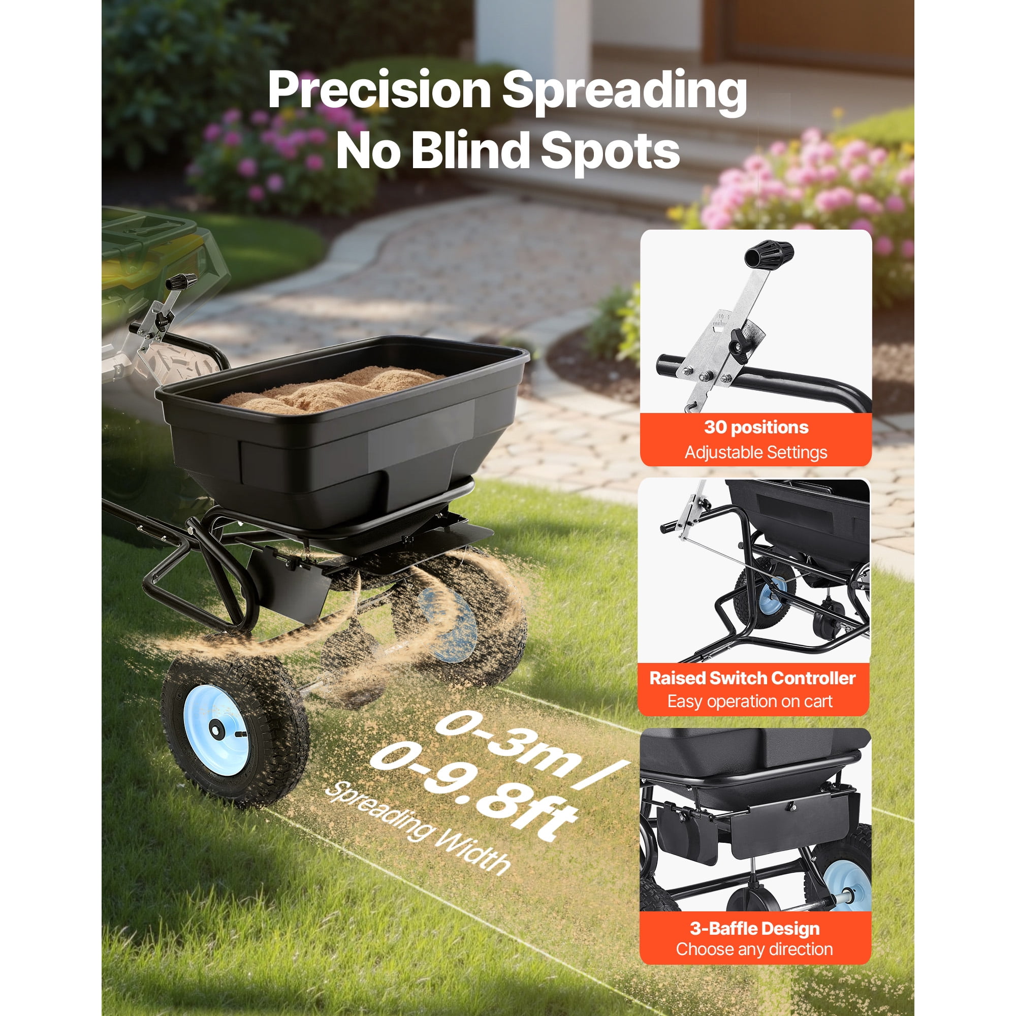 KFFKFF Tow-Behind Broadcast Spreader Garden Fertilizer Seeder, Steel & PP Material, 130 lbs Capacity