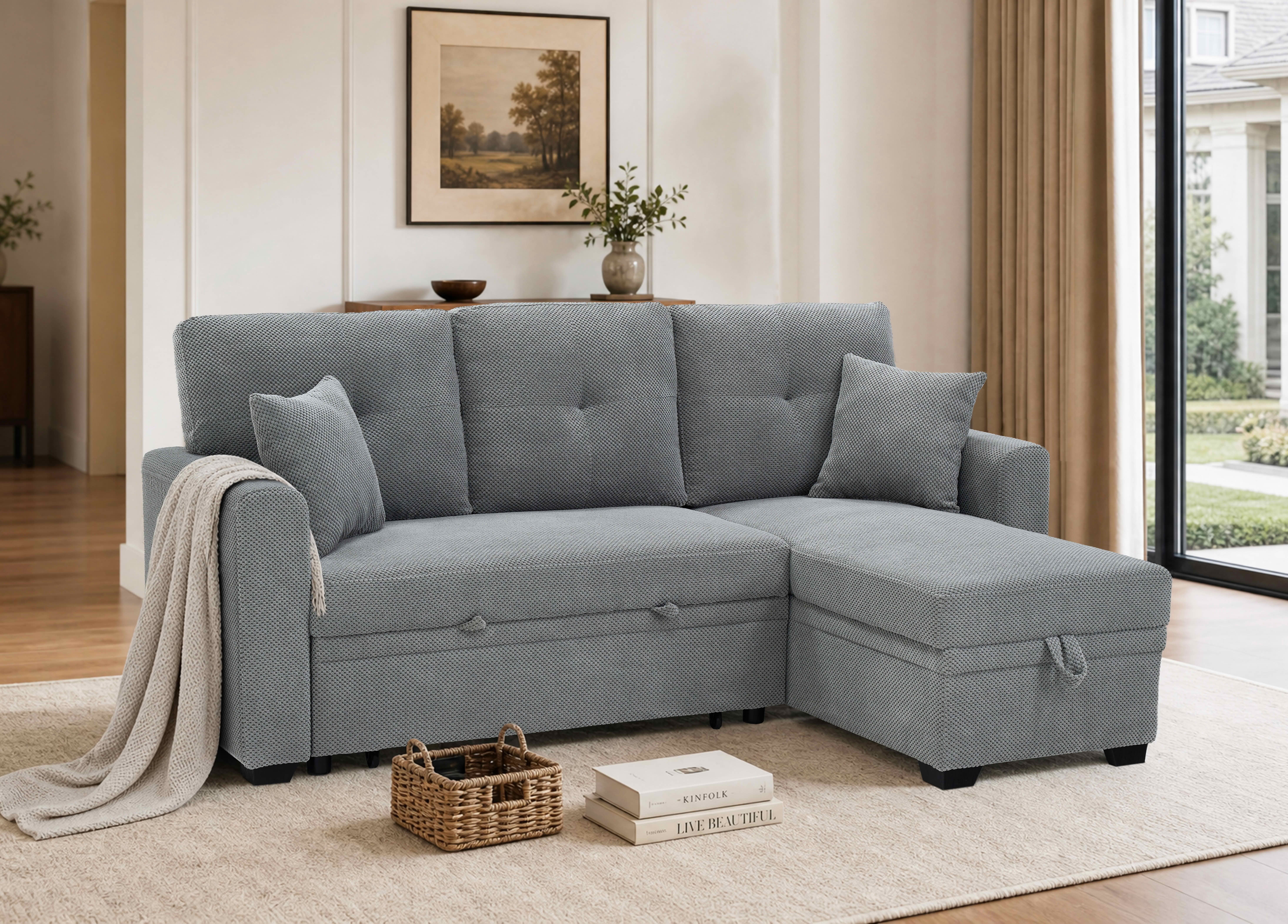 MAYEERTY L‑Shaped Sleeper Sectional Sofa, Convertible Pull‑Out Bed with Reversible Storage Chaise, Dark Gray Breathable Polyester Fabric for Small Living Spaces