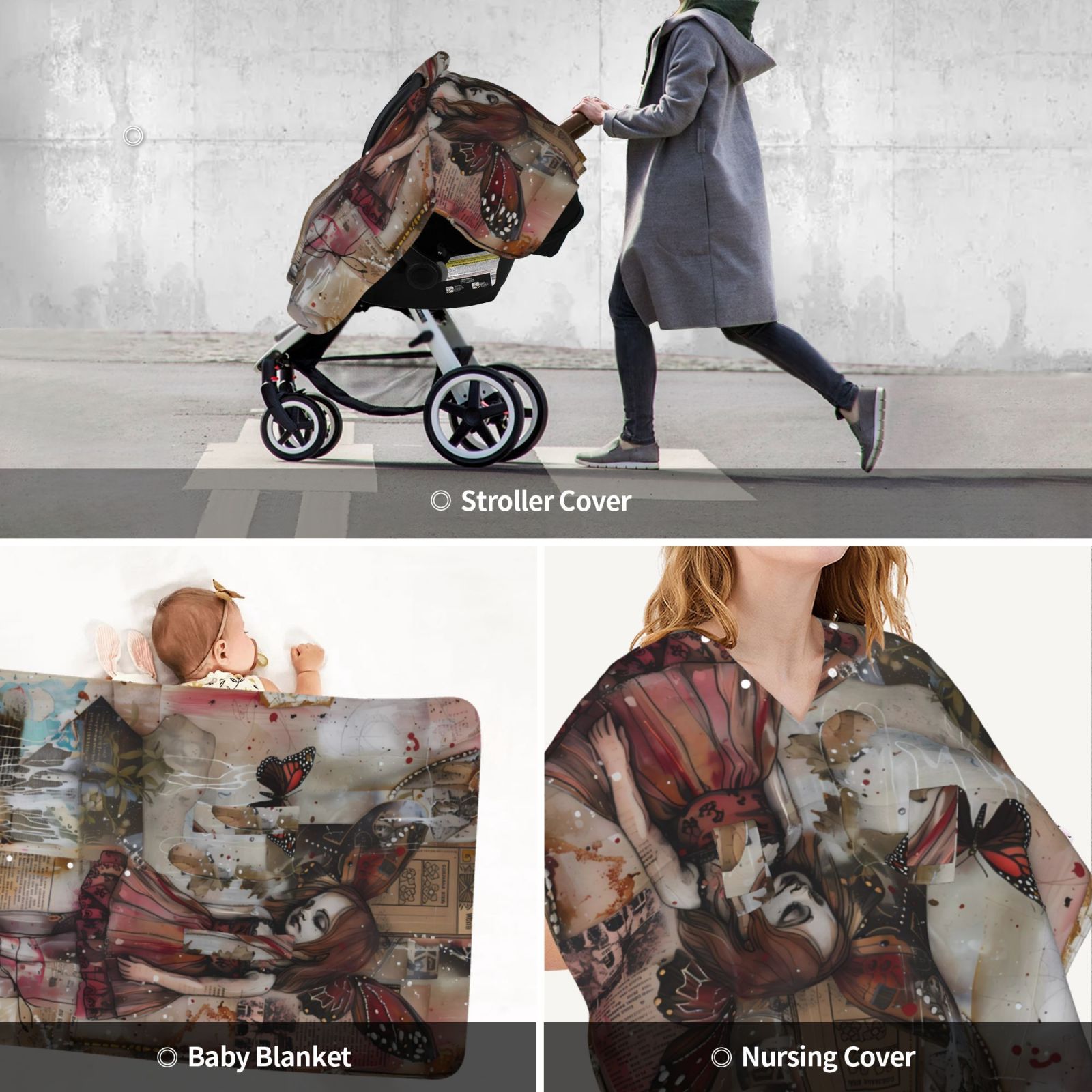 Car Seat Cover Baby - Vintage Collage Girl Butterfly Breathable Infant Car Seat Cover for Baby Carseat, Lightweight Comfort Baby Essentials Must Haves Newborn Stuff for Girl Boy