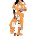 thumbnail image 2 of Pijama de manga corta con cuello vuelto para mujer, con bolsillos y estampado de Halloween, cintura elástica, de poliéster, 2 of 5