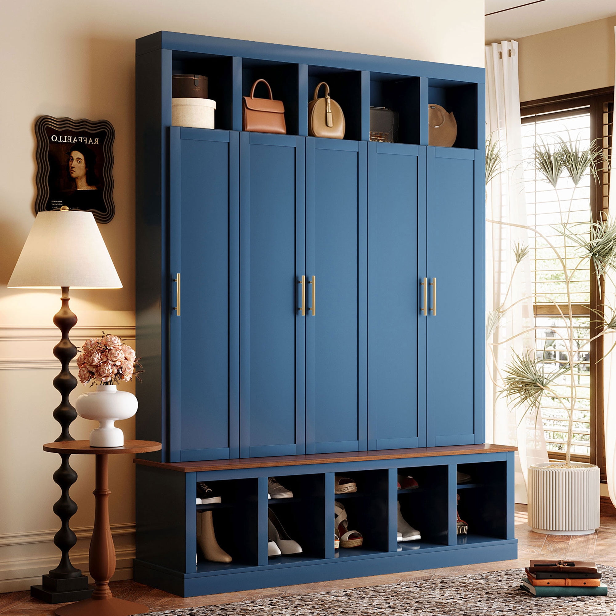 Mintazer 76” Tall Farmhouse Hall Tree with Shoe Rack Bench & Display Cubbies, Storage Cabinet with 3 Doors Closet for Entryway, Living Room, Bedroom, Navy Blue