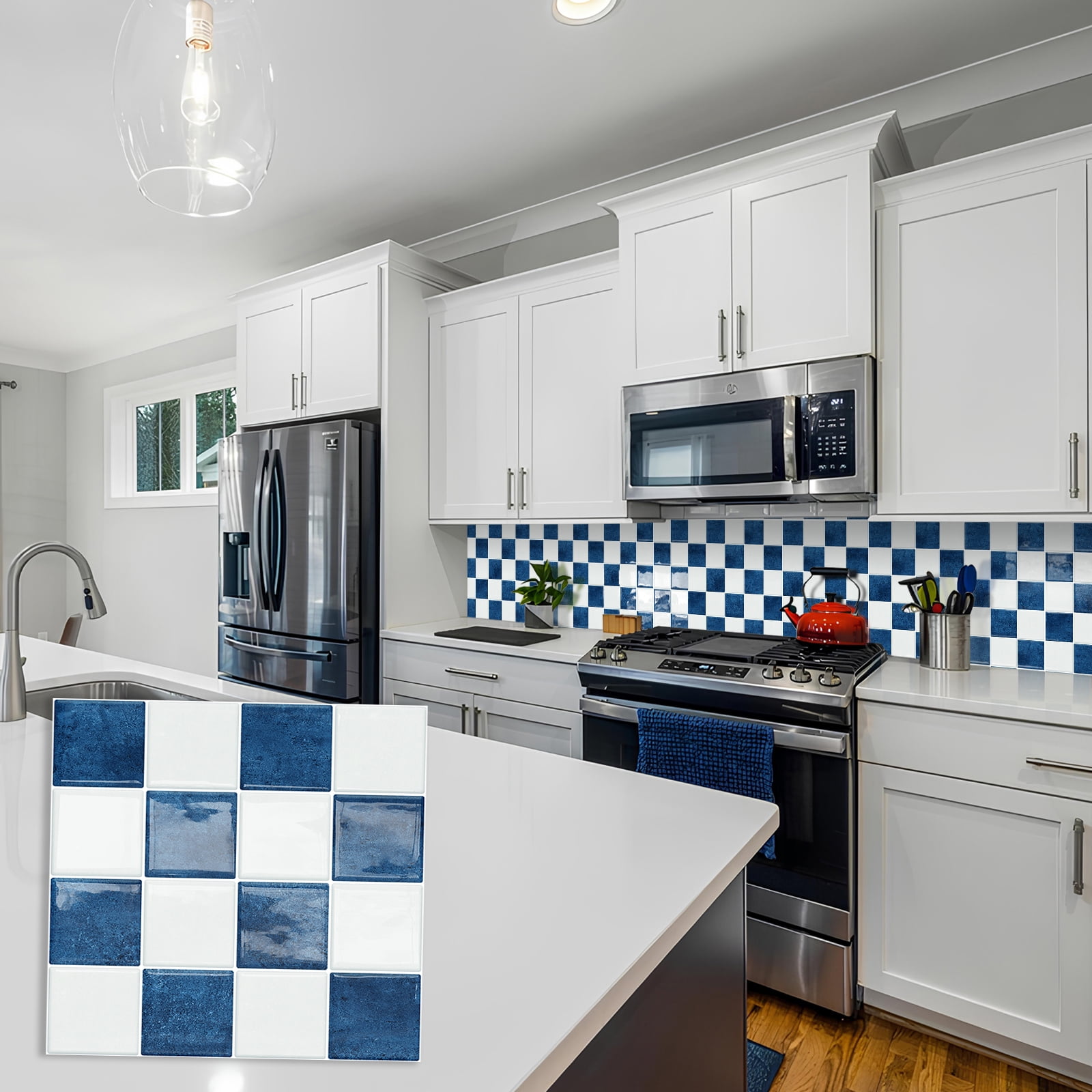 DEWOO Thick Peel and Stick Backsplash Tiles Kitchen Bathroom Square Self Adhesive Wall Tile Checkerboard Checkered Stickers,Blue (10-Sheet, 9"×9")