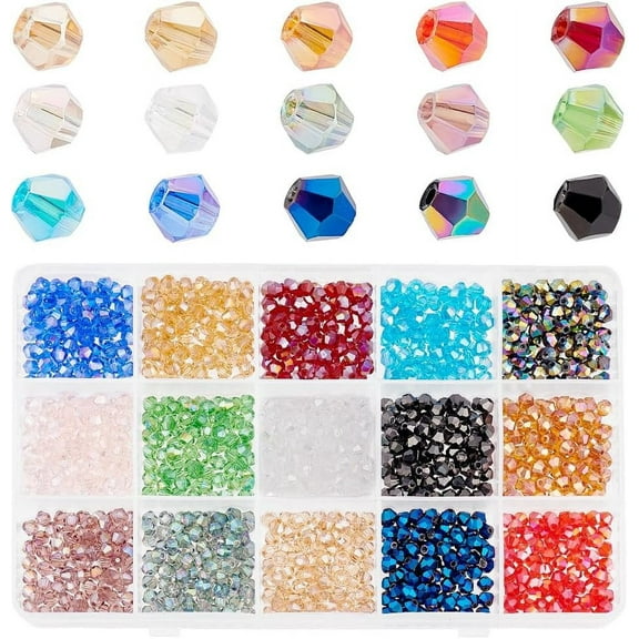 1500 Pcs 4mm Faceted Bicone Rondelle Glass Beads Briolette Crystal Czech Spacer Beads 15 AB Colors for Jewelry Making DIY