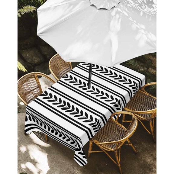 Outdoor Tablecloth with Umbrella Hole, Geometric White Black Leaves Stripe Zippered Table Cloth for Rectangle Tables, Modern Ethnic Texture Washable Waterproof Tablecloths for Picnic Patio Garden