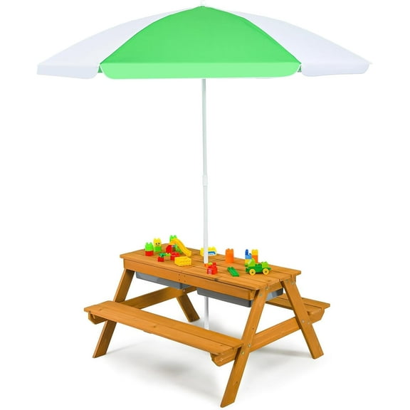GLACER 3-in-1 Kids Picnic Table, Wooden Sand and Water Table w/Removable & Adjustable Umbrella, Removable Sand Box, Built-in Benches, Kids Outdoor Furniture for Toddler, Patio, Backyard (Natural)