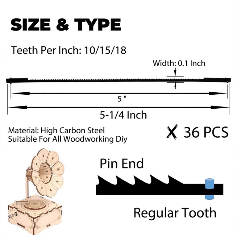 Pcapzz 20 PCS Tooth Scroll Saw Blades,Scroll Saw Blades Assortment Pin End  5Inch Skip Tooth Carbon Steel Scroll Saw Blades For Woodworking Foam  Plastic 