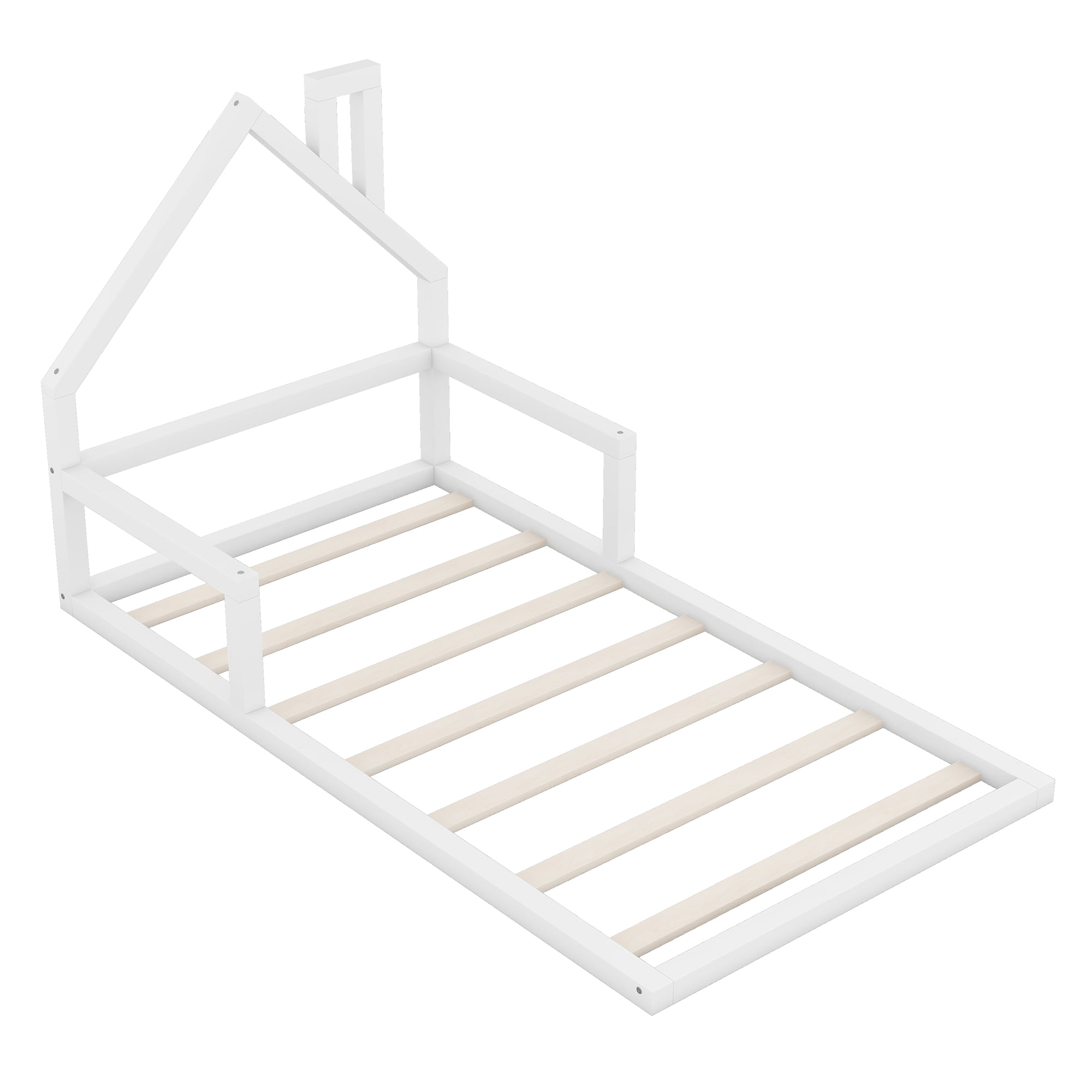 Euroco Twin Size Wood Floor Bed for Kids Room, White
