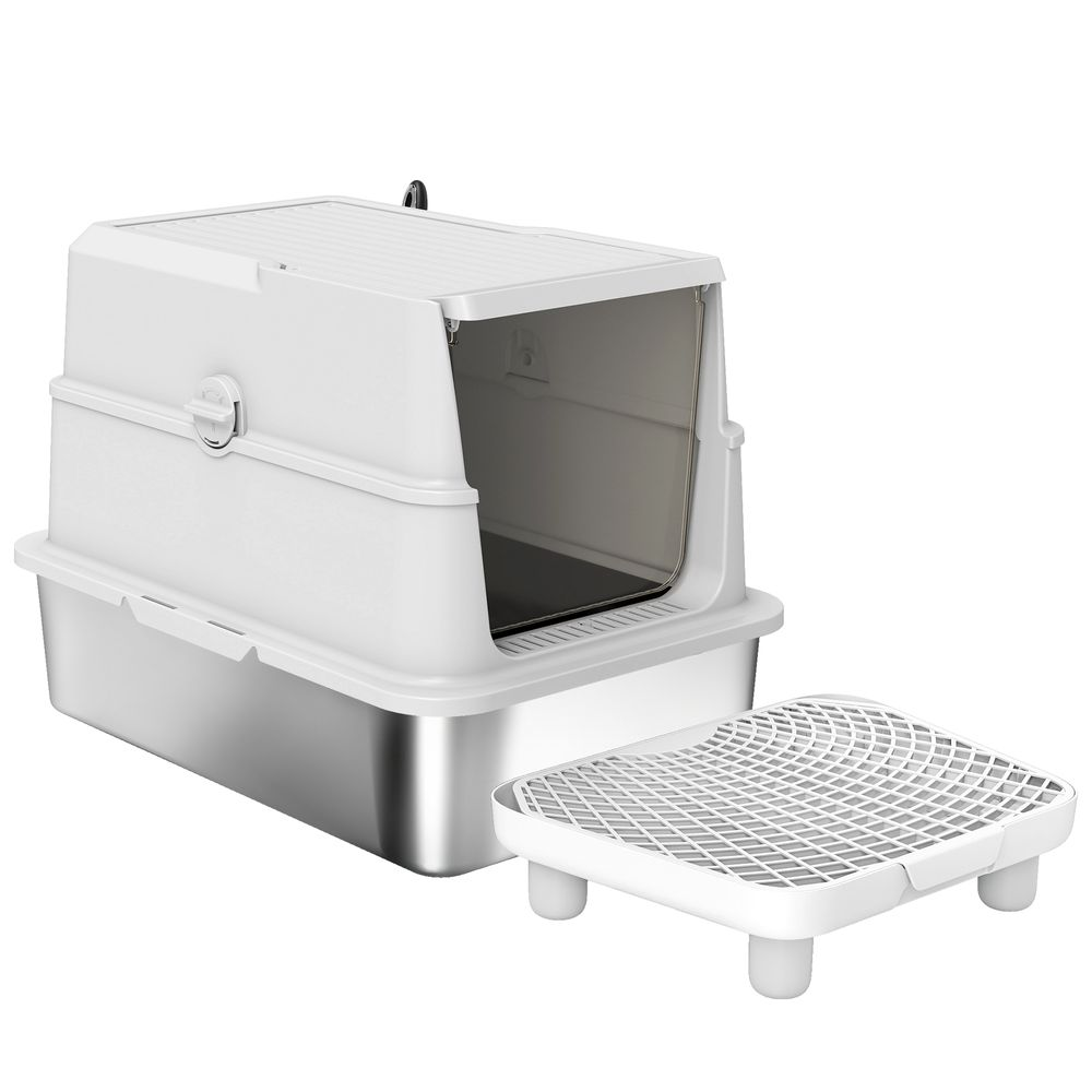 LUMAMIN Cat Litter Box, XL Stainless Steel Cat Box Enclosure with  Flip Cover and Deodorizer Pack Slot for Cats up to 15 lbs, Light Gray, 23.8"L x 15.9"W x 16.5"H