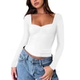 thumbnail image 3 of Liacowi Women's Slim Fit Crop Tops Casual Pleated Square Neck Long Sleeve Tight Tee Shirt Basic Streetwear, 3 of 6