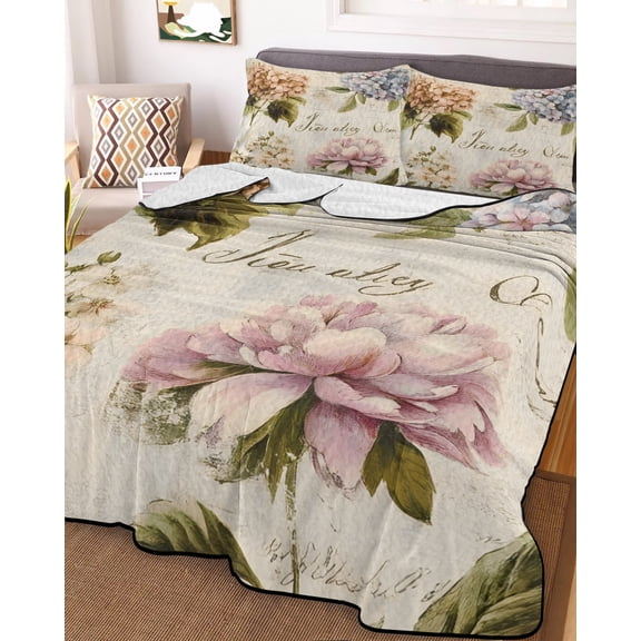 Spring Hydrangea Floral King Size Down Alternative Comforter, Lightweight Comforter Quilt Bedding Set with Pillow Shams Vintage Botanical Flowers All Seasons Bed Comforter Duvet Insert 96"x106"