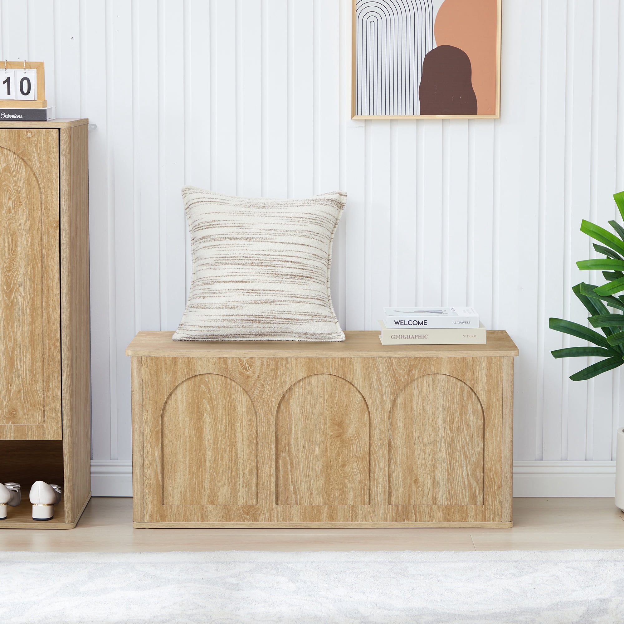 Wirrytor 39" Large Curved Edge Shoe Storage Bench with Flip Top, Arched Panel Storage Chest for Entryway Hallway Bedroom Toys Blankets, Natural Wood