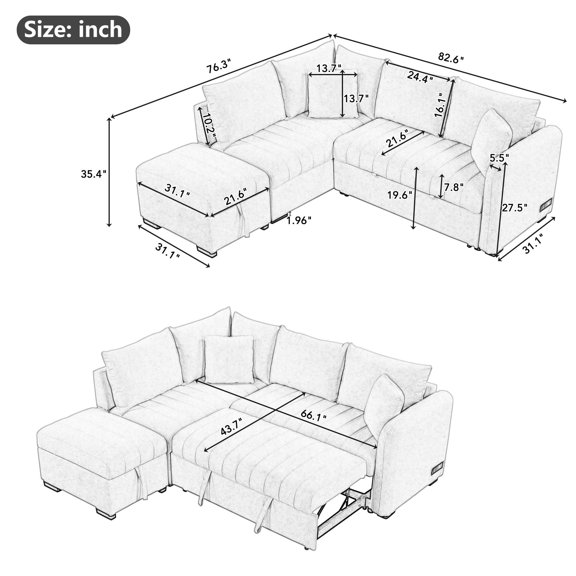 Newboti Furniture 82.6" L-shaped Sectional Pull Out Sofa Bed Sleeper Sofa with Two USB Ports, Two Power Sockets and a Movable Storage Ottoman, Gray 59596