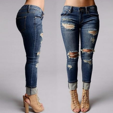 Tailored Women Mid Waisted Skinny Hole Denim Jeans Stretch Slim Pants Calf Length (Best Way To Slim Calves)